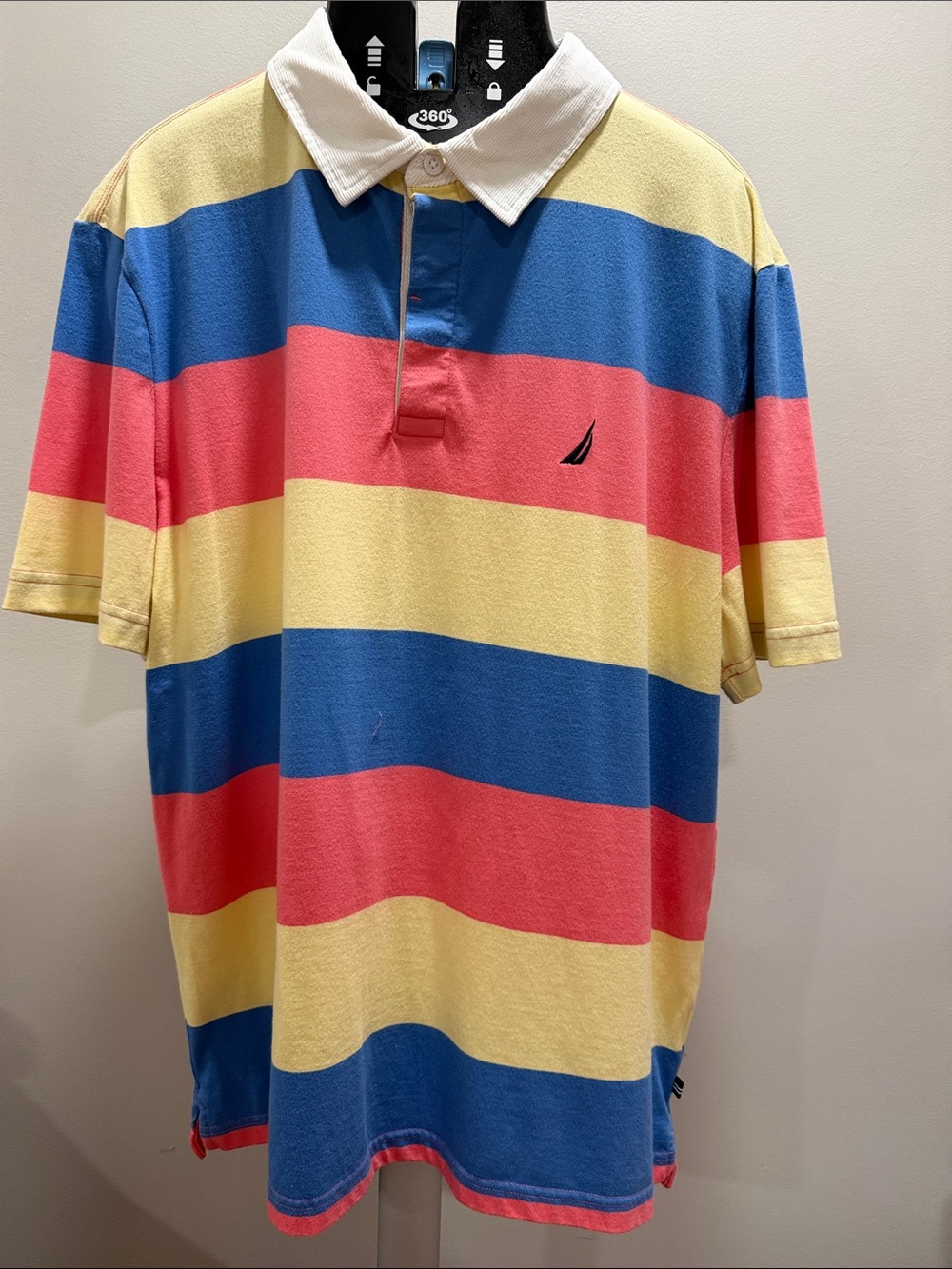 Nautica Men’s Wide-Stripe Polo in Yellow, Blue & Coral with White Collar